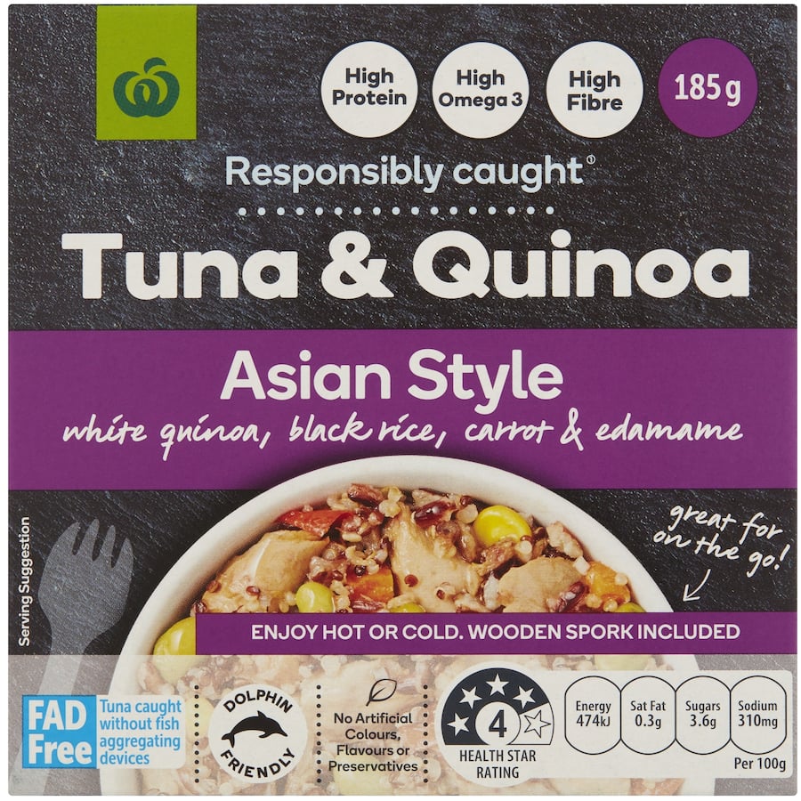 Asian-inspired tuna and quinoa salad with vegetables and a wooden spork, high in protein and omega-3s, 185g.