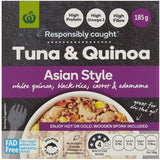 Asian-inspired tuna and quinoa salad with vegetables and a wooden spork, high in protein and omega-3s, 185g.