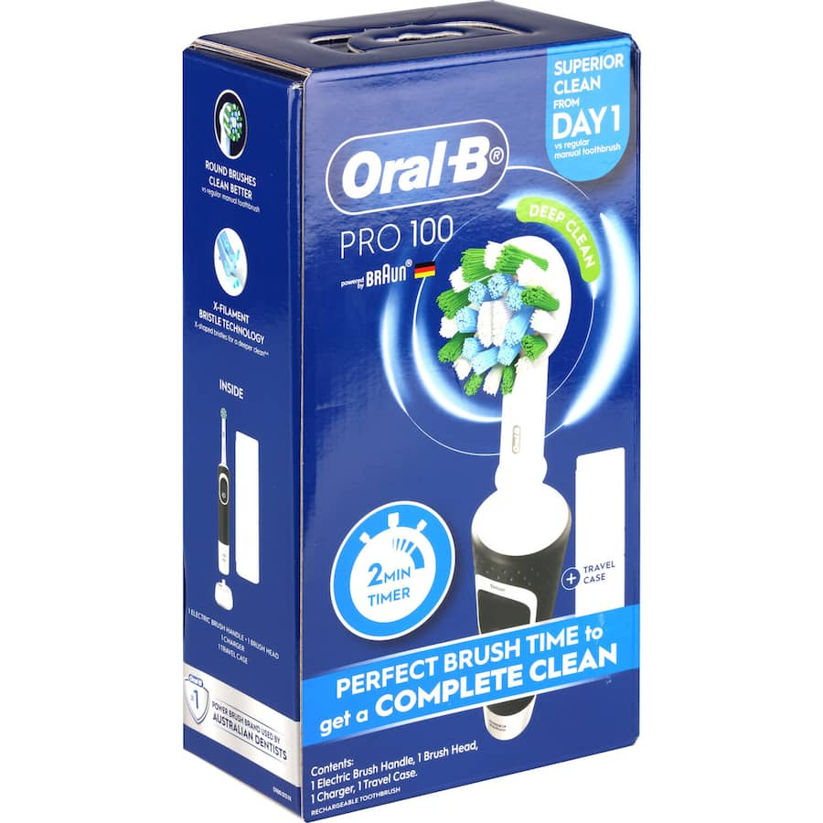 Black Oral B Pro 100 Electric Toothbrush with crisscross bristles, 2-minute timer, and travel case for superior plaque removal.