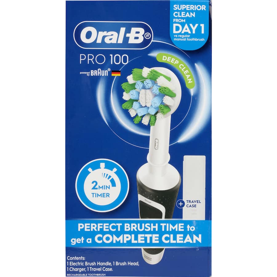 Oral B Pro 100 Electric Toothbrush in black with crisscross bristles, 2-minute timer, and rechargeable battery for superior plaque removal.