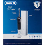 Oral B Pro 100 Electric Toothbrush in black, featuring crisscross bristles, 2-minute timer, and a long-lasting rechargeable battery.