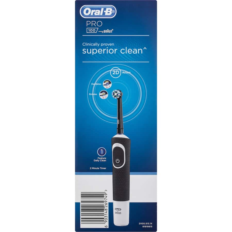 Oral B Pro 100 Electric Toothbrush in black with crisscross bristles, 2-minute timer, and travel case for optimal oral health.