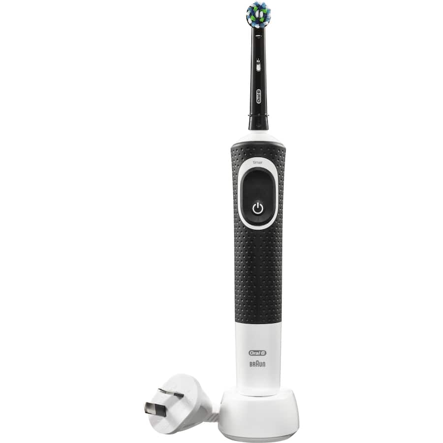 Oral B Pro 100 Electric Toothbrush in black features crisscross bristles, 2-minute timer, and rechargeable battery for plaque removal.