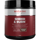 Chocolate-flavored Musashi Shred & Burn Protein Powder, aids muscle recovery and weight management with natural ingredients.