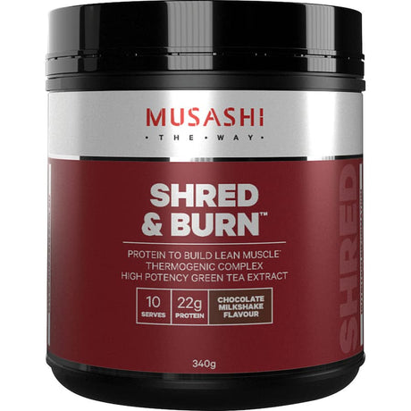 Chocolate-flavored Musashi Shred & Burn Protein Powder, aids muscle recovery and weight management with natural ingredients.