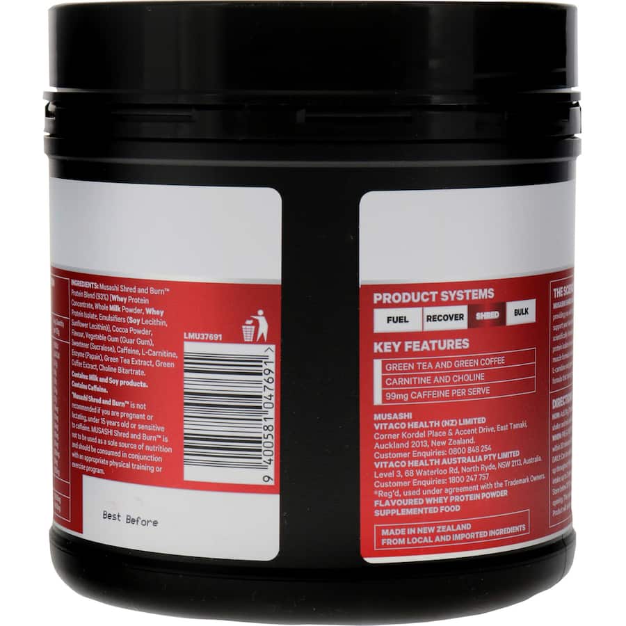 Musashi Shred & Burn Chocolate Protein Powder, ideal for muscle recovery and fat loss, with natural ingredients and delicious taste.