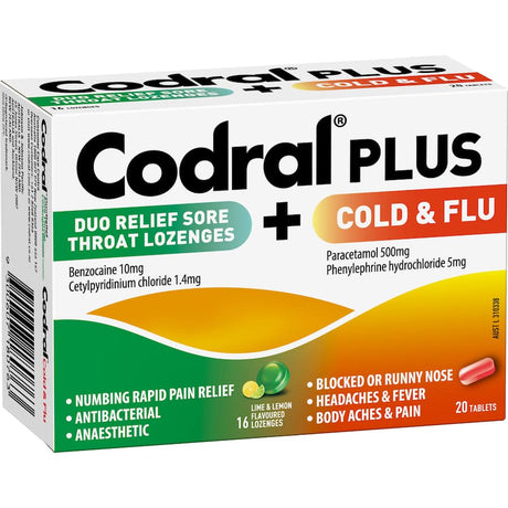 Codral Plus Lozenge & Decongestant Kit for cold relief, featuring 20 tablets and 16 lime-lemon lozenges for sore throats.