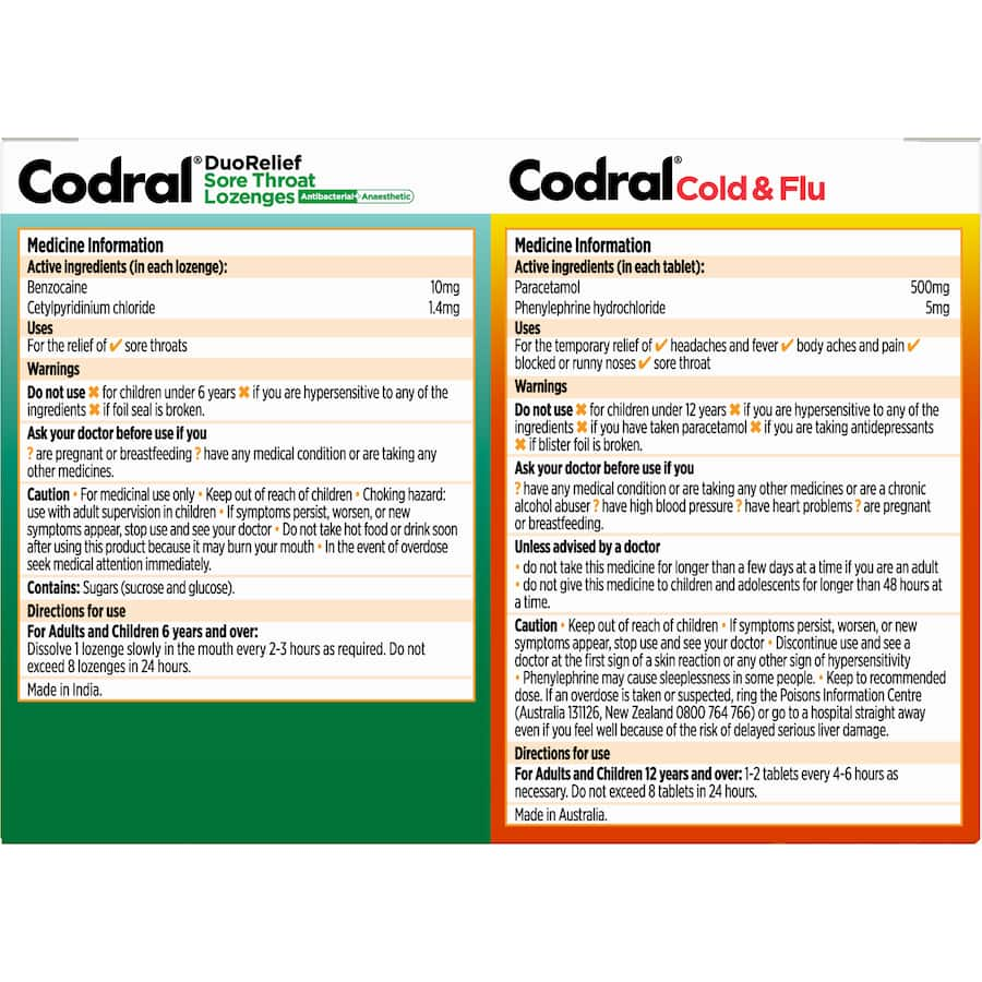 Codral Plus Kit features 20 Cold & Flu tablets and 16 lime-lemon lozenges for effective relief from cold symptoms.