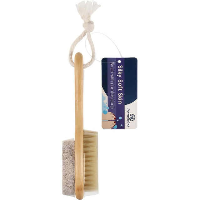 2-in-1 wooden foot brush with pumice stone for cleansing and buffing, promoting smooth and healthy feet.