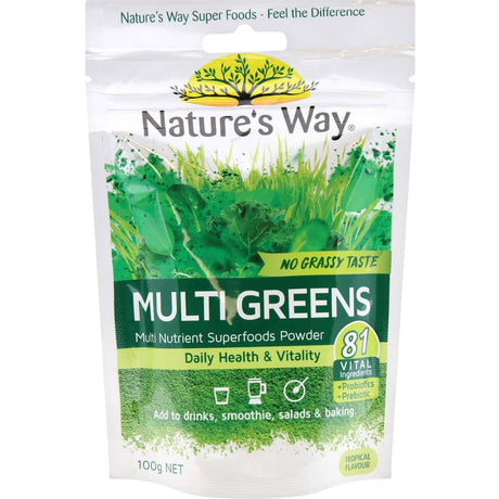 Nature's Way Multi Greens Powder, a nutrient-dense blend with 81 ingredients for enhanced health, energy, and wellness.