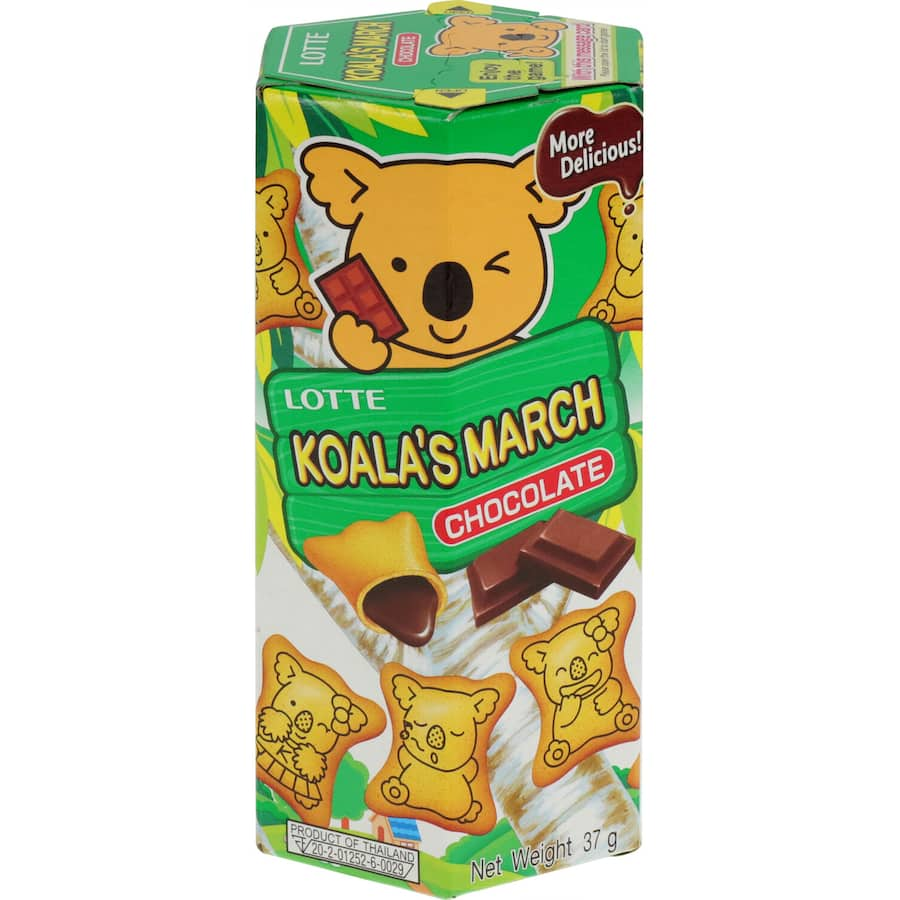 Lotte Koala's March Biscuits Chocolate with adorable koala shapes filled with rich chocolate cream, perfect for kids and sharing.