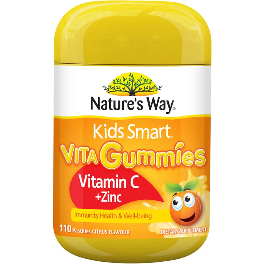 Natures Way Kids Smart Vita Gummies in citrus flavor, enriched with Vitamin C and Zinc for immune support and overall health.