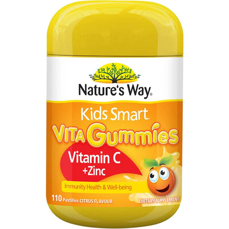 Natures Way Kids Smart Vita Gummies in citrus flavor, enriched with Vitamin C and Zinc for immune support and overall health.