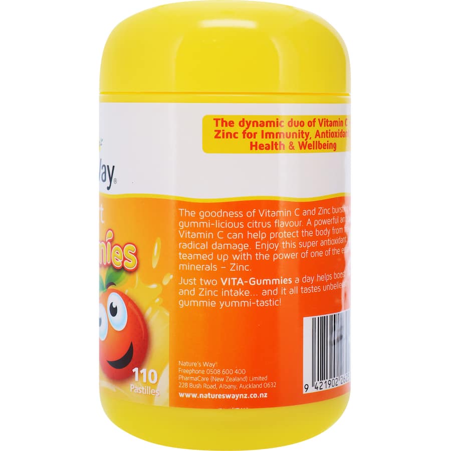 Natures Way Kids Smart Vita Gummies in citrus flavor, packed with Vitamin C and Zinc for immune support and overall health.