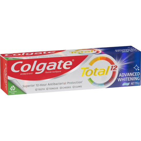 Colgate Total Antibacterial Toothpaste Whitening with 12-hour protection, whitens teeth, freshens breath, and promotes whole mouth health.