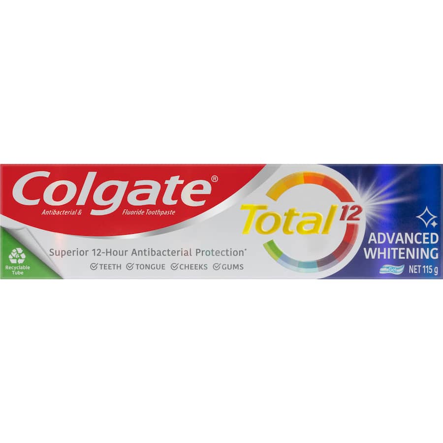 Colgate Total Antibacterial Whitening Toothpaste for brighter teeth and 12-hour bacteria protection, vegan and gluten-free.