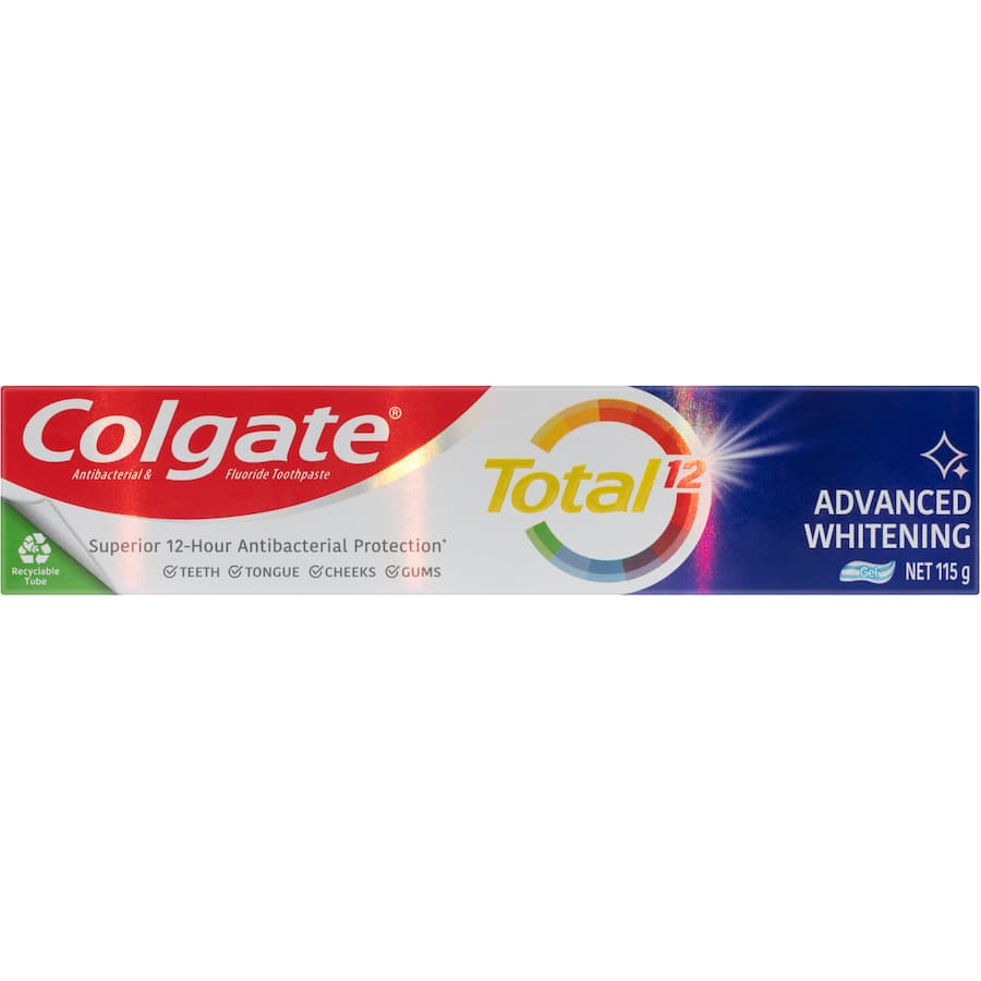 Colgate Total Antibacterial Toothpaste Whitening tube, offering 12-hour protection, stain removal, and a brighter smile.