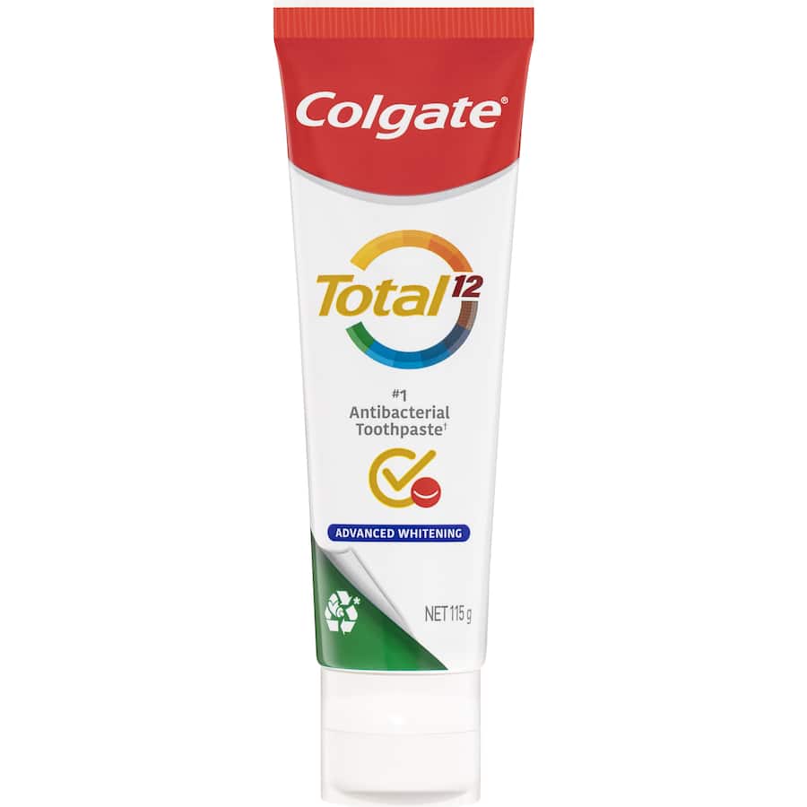 Colgate Total Antibacterial Whitening Toothpaste, 115g, offers 12-hour bacteria protection and enhances teeth whitening for a bright smile.