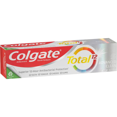 Colgate Total Antibacterial Toothpaste Advanced Clean offering 12-hour bacteria defense and professional-level polishing for optimal dental health.
