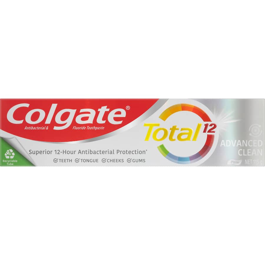 Colgate Total Antibacterial Toothpaste Advanced Clean offers 12-hour bacteria protection and professional-level polish for optimal oral health.