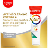 Colgate Total Antibacterial Toothpaste Advanced Clean for 12-hour bacteria protection, smooth polish, and fresh breath.