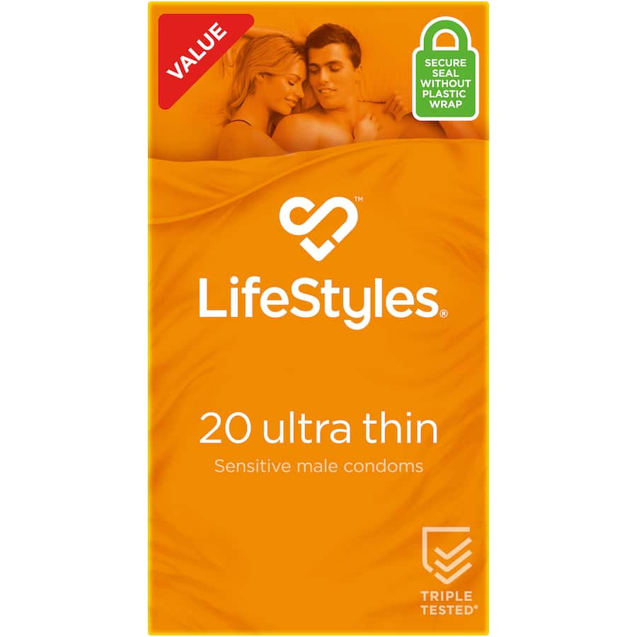 Lifestyles Ultra Thin Condoms: 53mm comfort-fit, ultra-sensitive, lubricated, triple-tested for safety and pleasure, 20 pack.