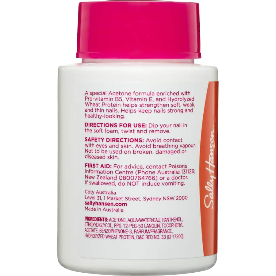 Sally Hansen Polish Remover with Acetone, nourishing formula for weak nails, removes polish in one dip and twist.