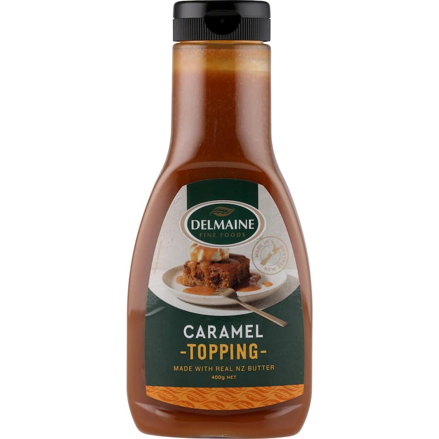 Luscious Delmaine Topping Caramel, a thick butter topping for desserts, ideal for ice cream, pies, and baked goods.