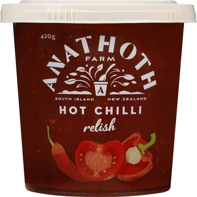 Vibrant Anathoth Farm Hot Chilli Relish jar showcasing fresh ingredients and spicy flavor for enhancing meals.