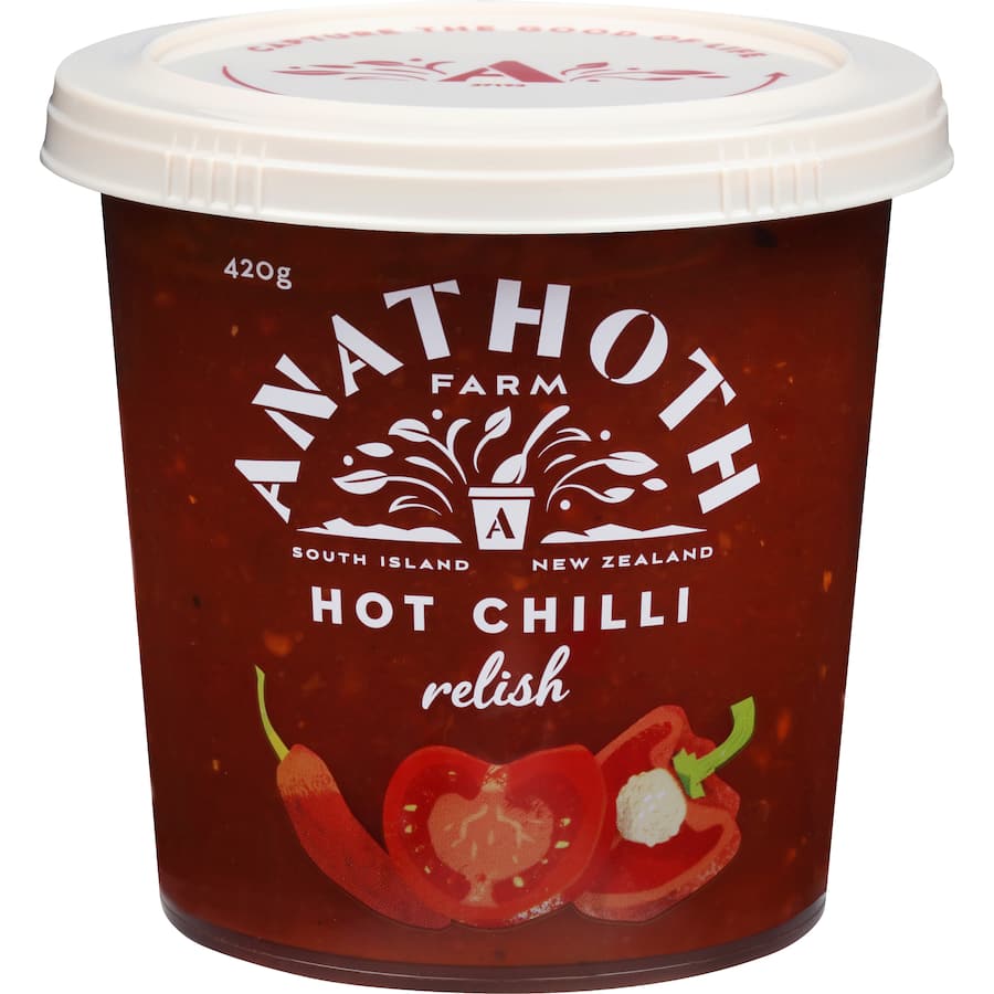 Anathoth Farm Hot Chilli Relish jar showcasing a vibrant blend of fresh ingredients and spicy flavors for versatile meal enhancements.