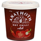 Anathoth Farm Hot Chilli Relish jar showcasing a vibrant blend of fresh ingredients and spicy flavors for versatile meal enhancements.