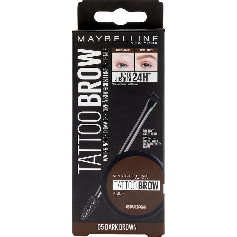 Dark brown Maybelline Tattoo Brow Pomade for precise, long-lasting eyebrow definition.