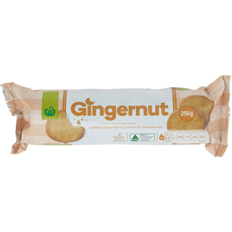 Woolworths Plain Biscuits Gingernut, featuring a classic crunch and bold ginger flavor, perfect for tea time snacks.