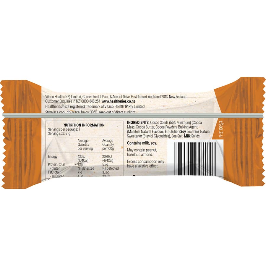 Salted caramel chocolate bar, 99% sugar-free, gluten-free, with stevia; a guilt-free indulgence in bite-sized pieces.