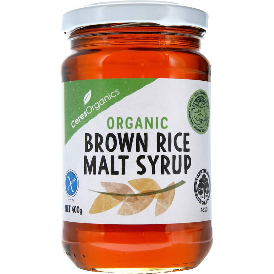 Ceres Organics Malt Brown Rice Syrup in a jar, a versatile vegan sweetener with a mild nutty flavor, ideal for baking and beverages.