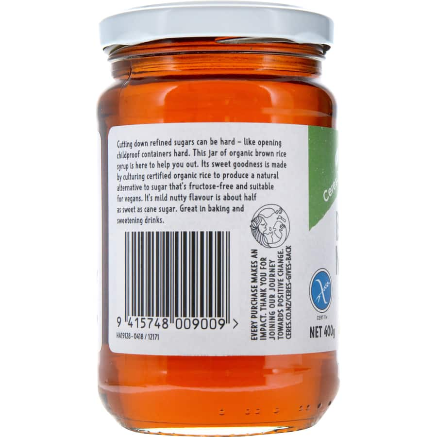 Ceres Organics Malt Brown Rice Syrup: organic, wheat-free sweetener with a mild nutty flavor, perfect for baking and beverages.