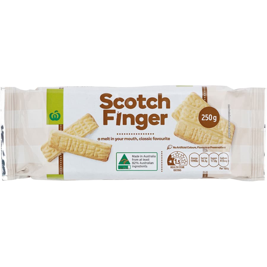 Woolworths Plain Biscuits Scotch Fingers, buttery finger biscuits perfect for tea or snacking, made without artificial additives.