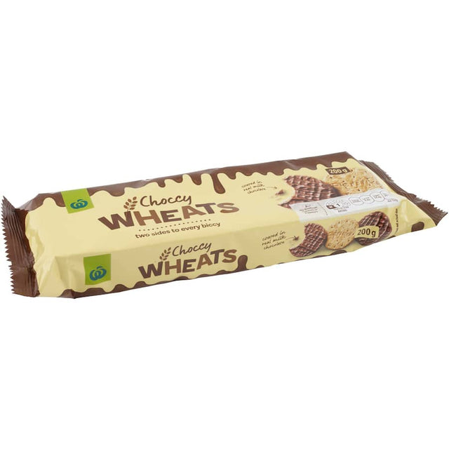 Woolworths Choccy Wheats: crunchy wheat biscuits with one side coated in rich milk chocolate, perfect for snacks and treats.