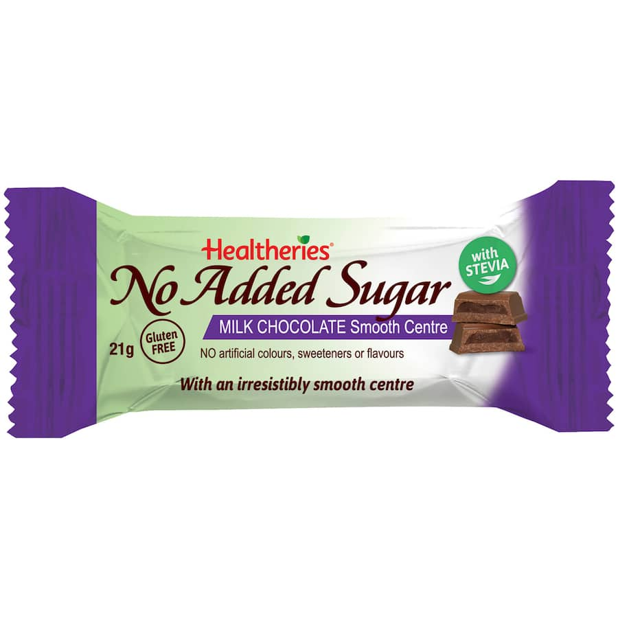 Guilt-free Healtheries Milk Choc bar with 90% less sugar, gluten-free, and made from natural ingredients for a creamy treat.