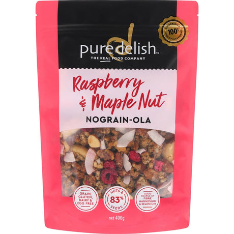 Grain-free Raspberry & Maple Nograin-ola with 84% nuts, seeds, and zesty raspberries for a nutritious breakfast or snack.