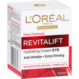 L'Oreal Paris Revitalift Eye Cream Pottle, a firming and moisturizing solution targeting wrinkles and crow's feet.