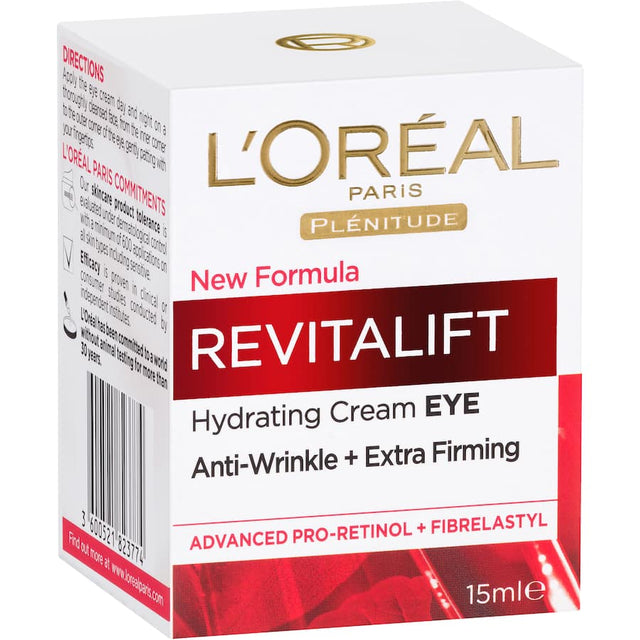 L'Oreal Paris Revitalift Eye Cream Pottle, a firming and moisturizing solution targeting wrinkles and crow's feet.