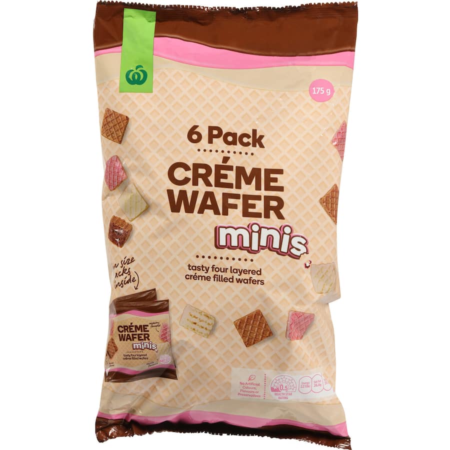 Alt text: "Woolworths Wafers Minis 175g pack featuring bite-sized, crispy wafers in chocolate, vanilla, and raspberry flavors."