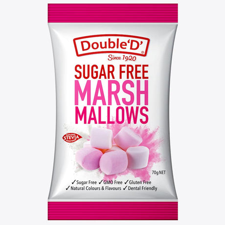 Sugar-free Double D Marshmallows, sweetened with stevia, offering fluffy, guilt-free indulgence without added sugar.