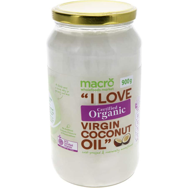 Macro Organic Virgin Coconut Oil in a jar, perfect for cooking, baking, and nourishing skin and hair.