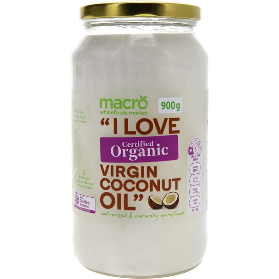 Macro Organic Virgin Coconut Oil bottle, 100% organic, cold-pressed, versatile for cooking and skincare, ACO certified.