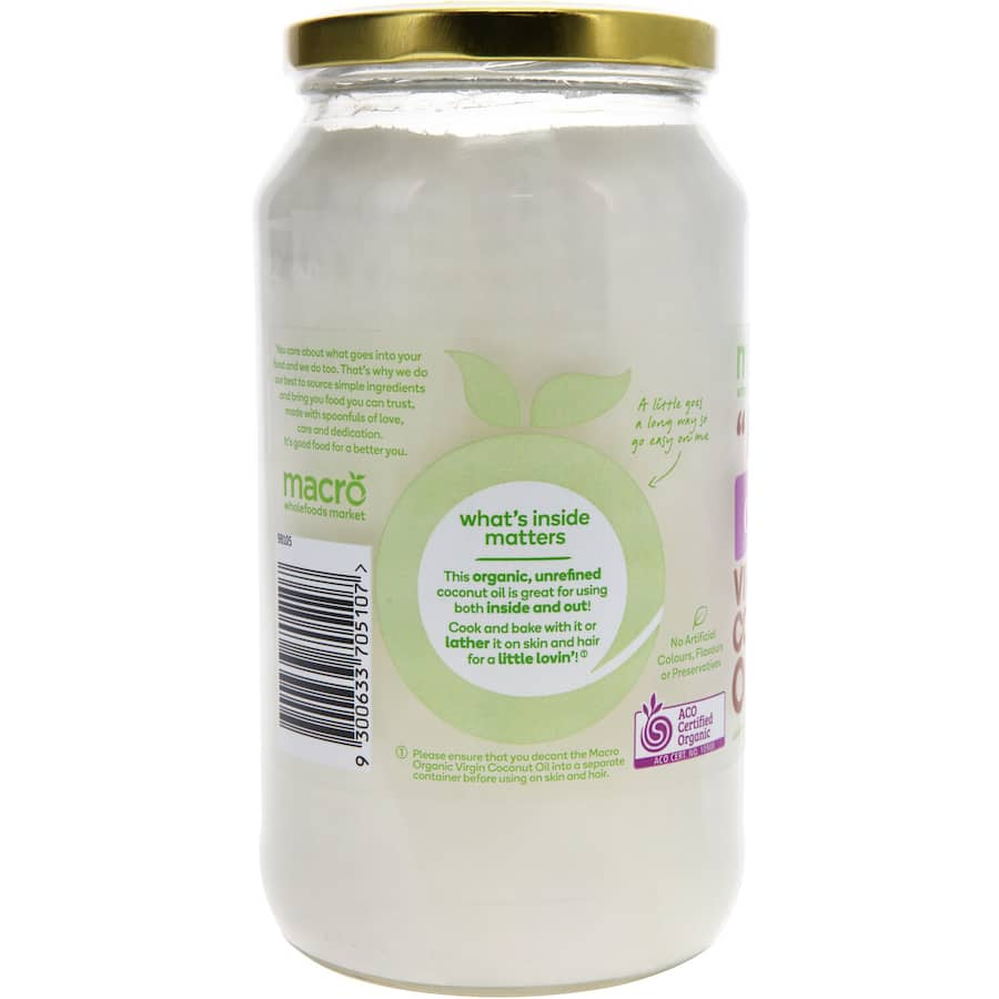 Macro Organic Virgin Coconut Oil in a jar, showcasing its unrefined, natural texture, perfect for cooking and skin care.