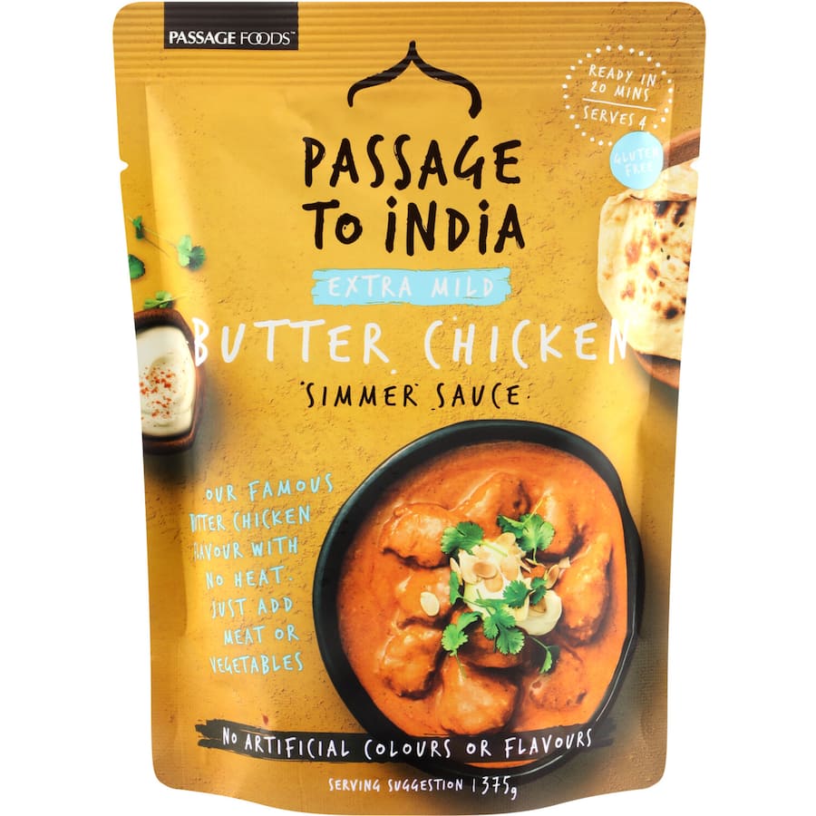 Creamy and flavorful Passage To India Extra Mild Butter Chicken sauce, perfect for home-cooked Indian meals.