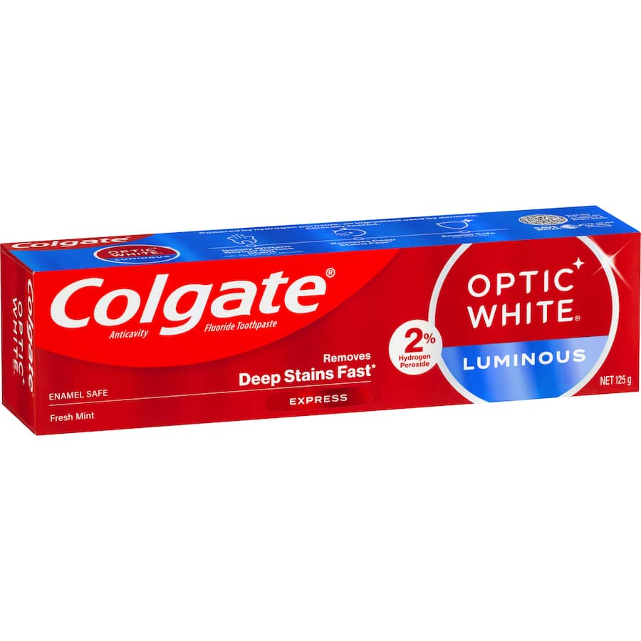 Colgate Optic White Toothpaste for visibly whiter teeth in 3 days, with 2x hydrogen peroxide for powerful stain removal.