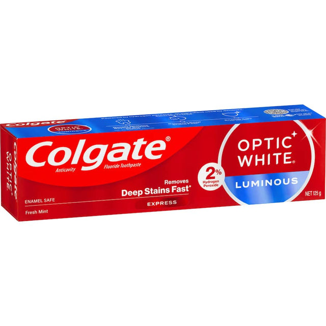 Colgate Optic White Toothpaste for visibly whiter teeth in 3 days, with 2x hydrogen peroxide for powerful stain removal.